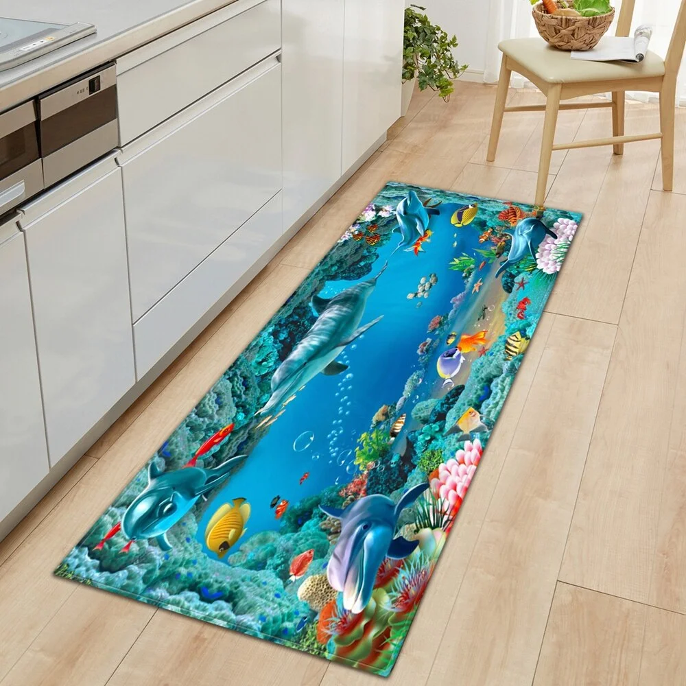 Underwater world Kitchen Mat Entrance Doormat 3D Pattern Bedroom Home Floor Decoration Living Room Carpet Bathroom Anti-slip Rug