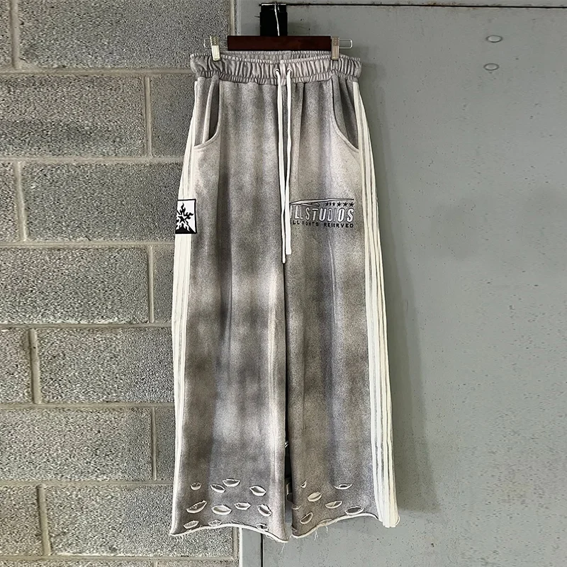 Retro gradient ripped striped casual pants