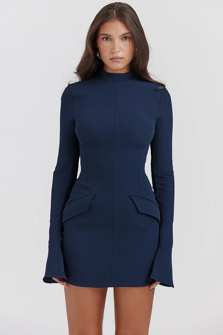 Plain Mock Neck Flared Sleeve Slim Fit Pocket Mini Dresses-Blue [Pre Order]