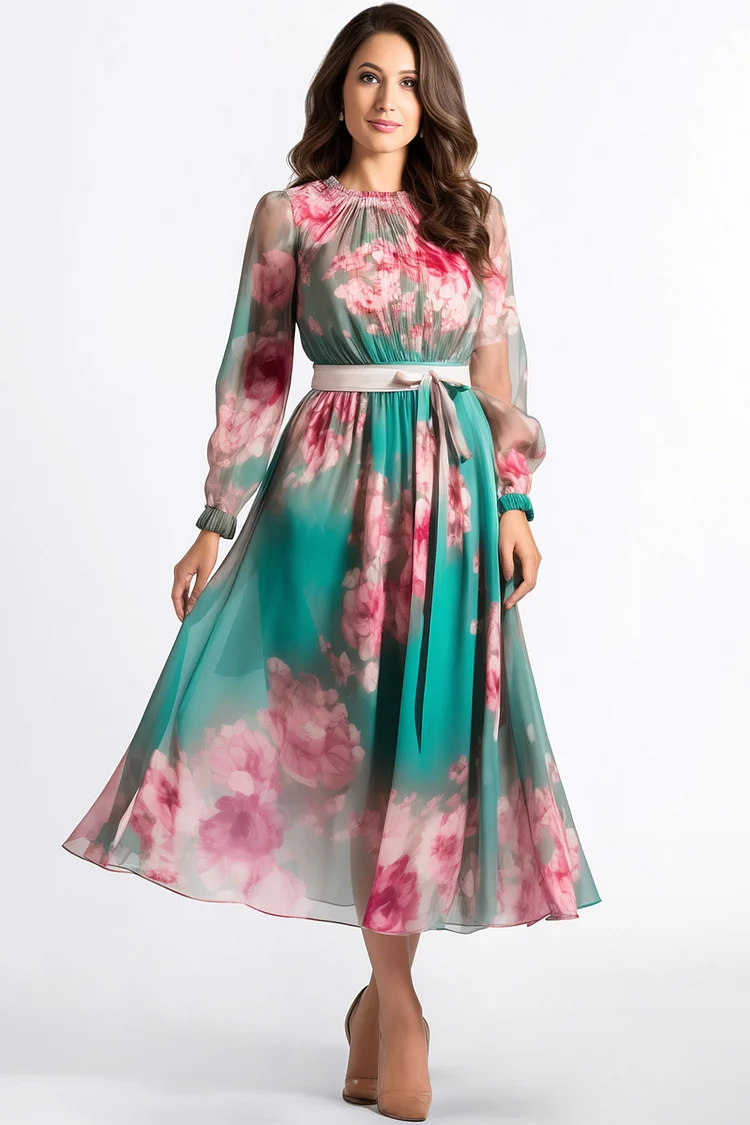 Zaruci Everyday Multicolor Chiffon Floral Print Long Sleeve Midi Dress [Pre-Order]