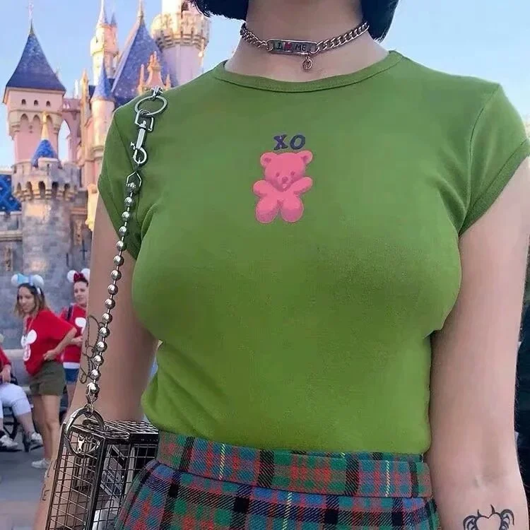 Summer short sleeve T-Shirt Tee cotton T Shirt Women Tshirt Top shirt clothes vintage clothing Bear Print Crop Tee Slim socket