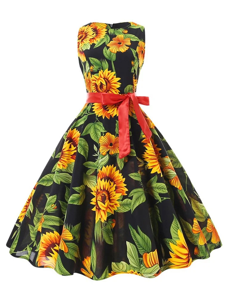 1950s Dress Sunflower Print Elegant A-Line Dresses
