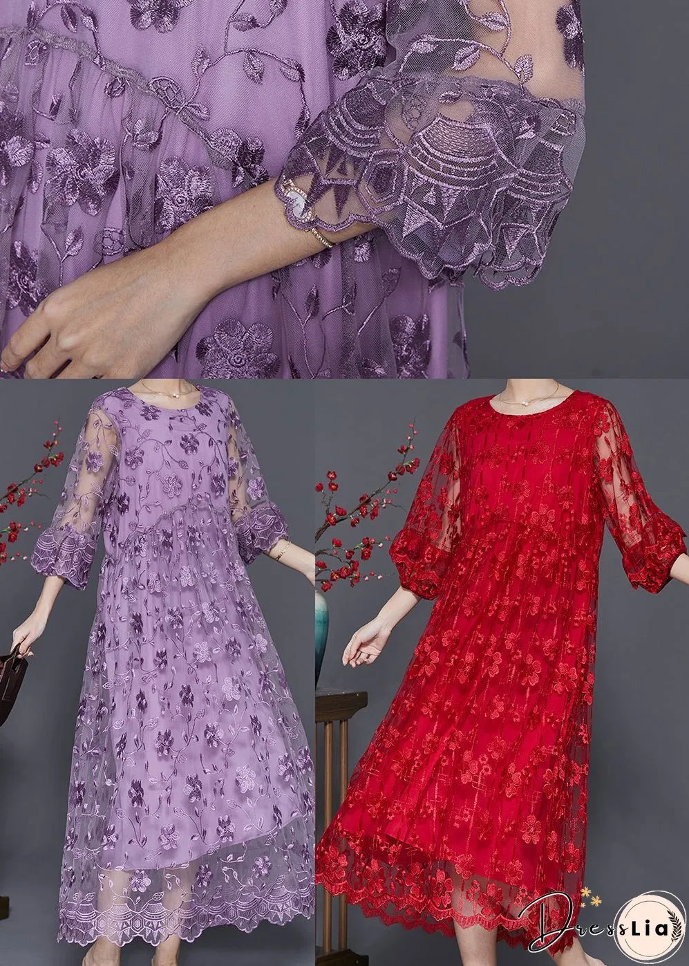 Red Hollow Out Tulle Holiday Dresses Embroidered Bracelet Sleeve