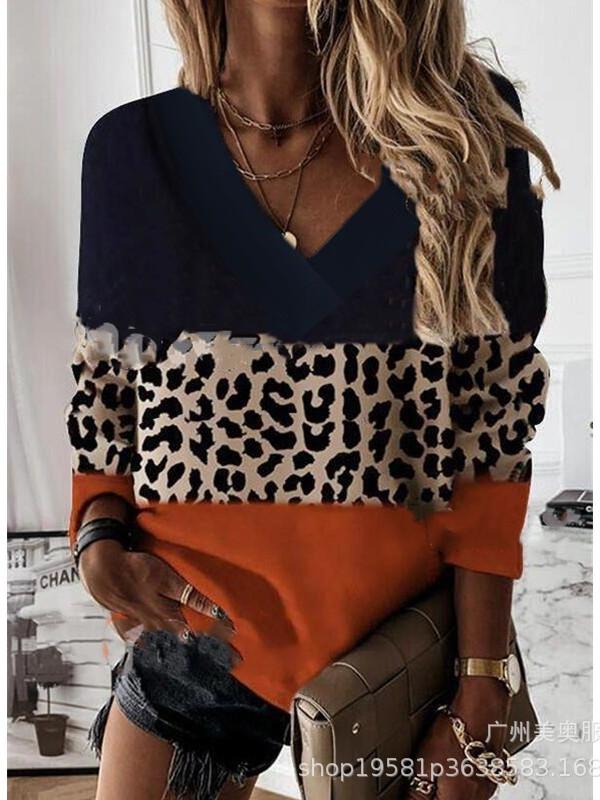 Women Long Sleeve V-neck Leopard Printed Colorblock Top