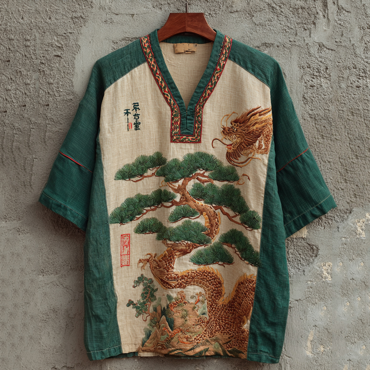 Retro Japanese-style Pine And Dragon Print Casual Shirt elevenforest