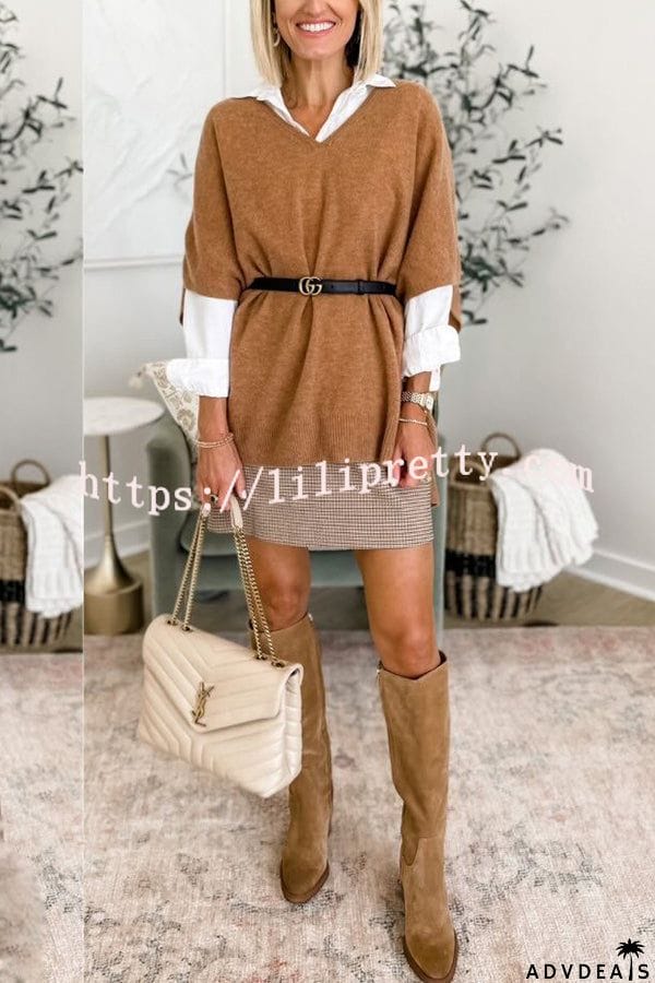 Lilipretty Fashion Comfortable and Versatile Knit Loose Poncho V Neck Sweater