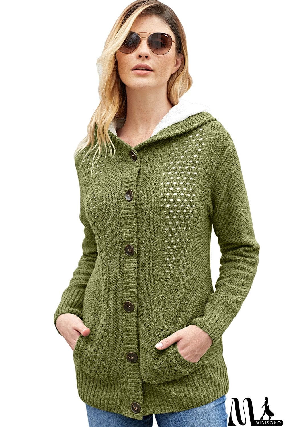 MidiSono - Fleece Hooded Gray Button Cardigan Sweater