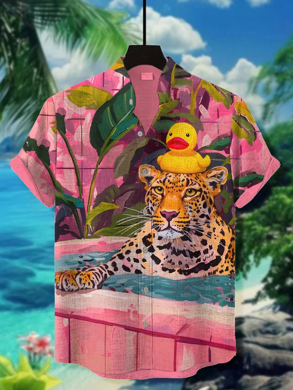 Men's Tiger Taking A Bath In The Pool Art Print Casual Shirt