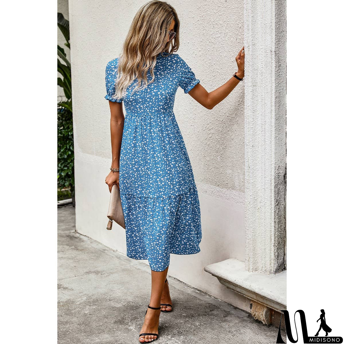 MidiSono - Floral Print Round Neck Color Block High Waist Fit Dress