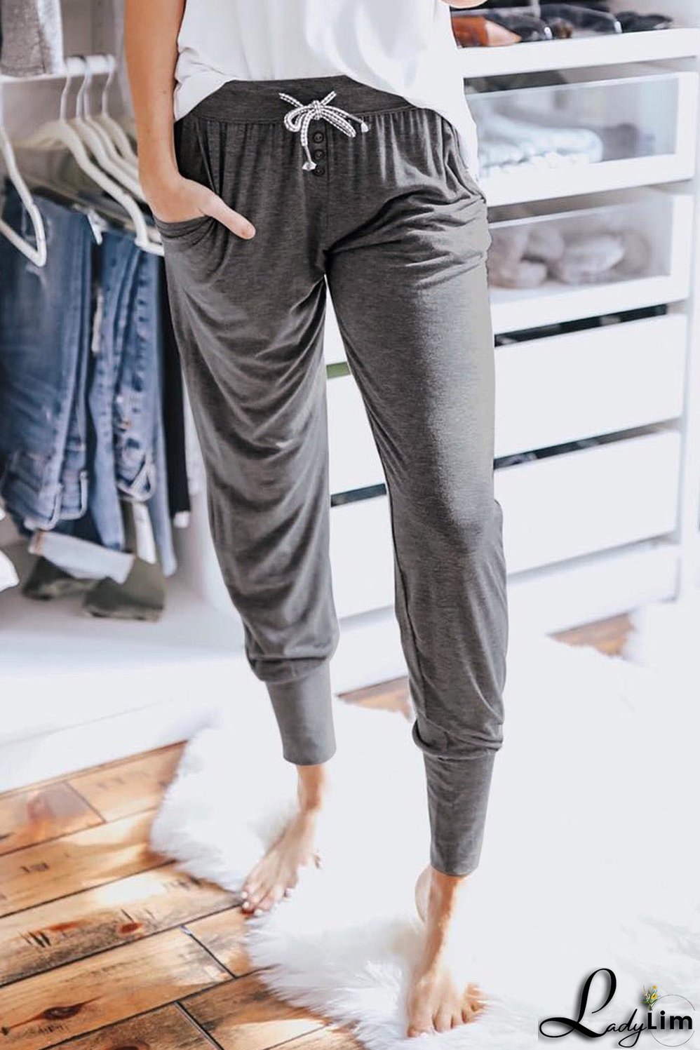 Gray Buttoned Drawstring High Waist Jogger Pants
