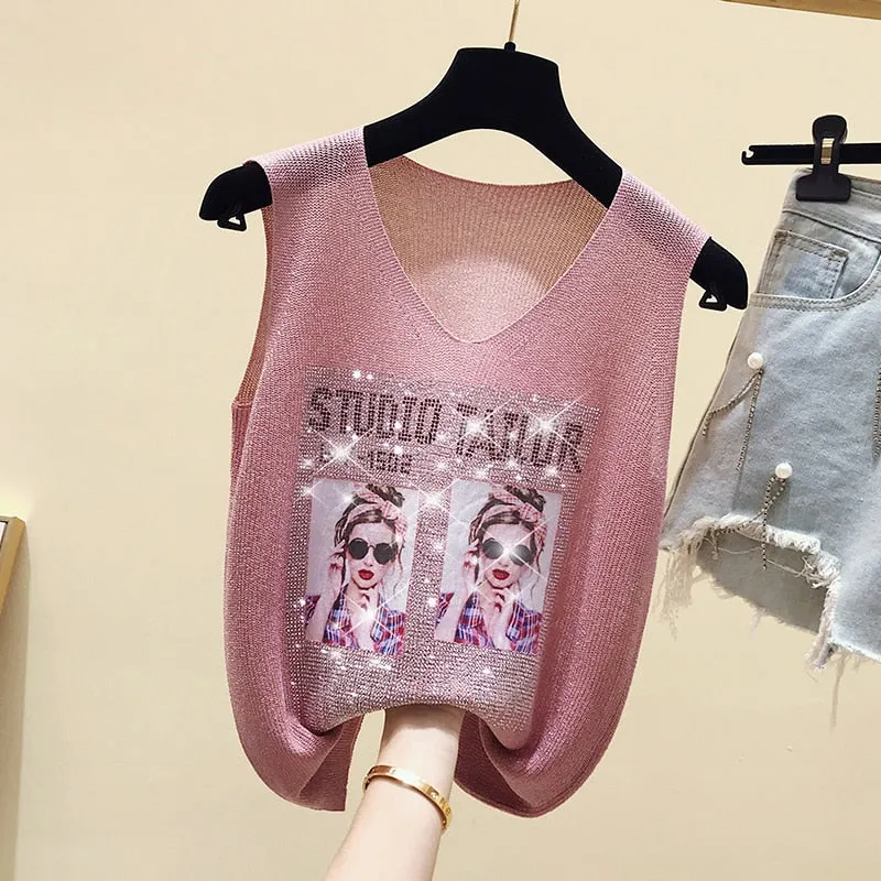 Sexy Tank Top Women Vests Top V-neck Female Sleeveless Casual Thin Pink Green Summer Diamond Knit Vest Tee Shirt Femme 2020
