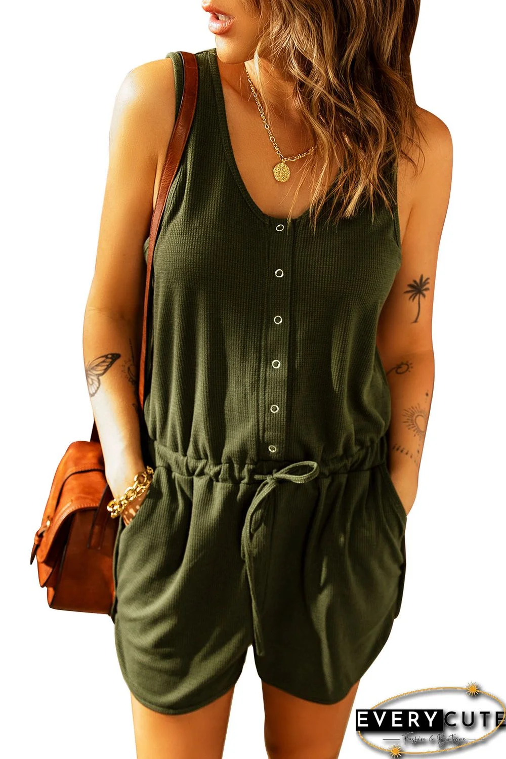 Green Buttons Drawstring Elastic Waist Sleeveless Romper