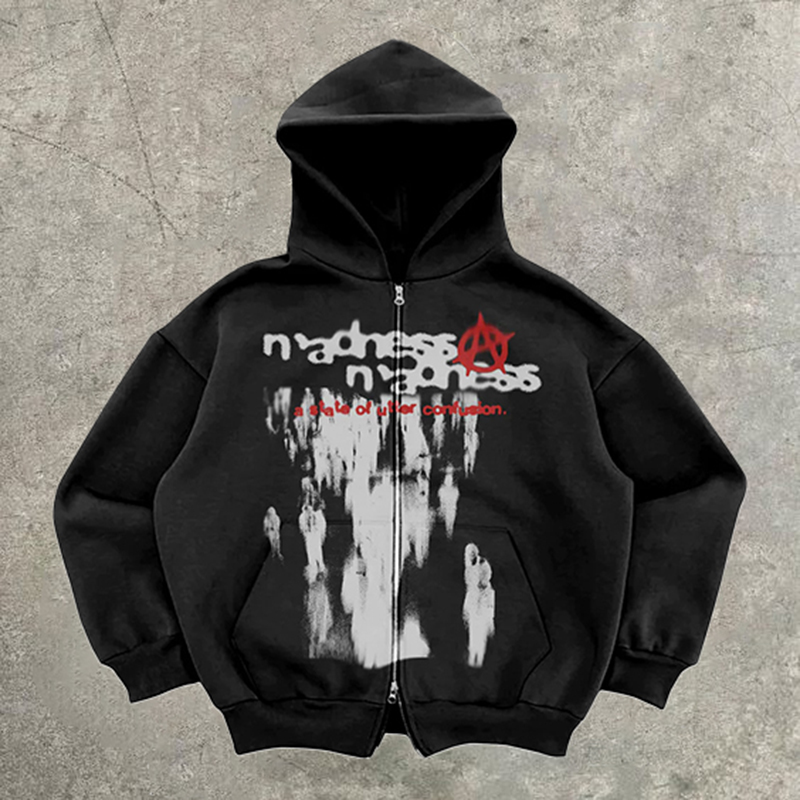 Relaxed Vintage Madness Graphic Casual Street Hip Hop Oversized Zip Up Hoodie