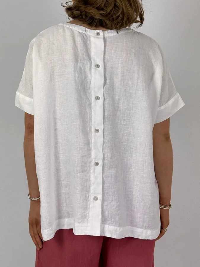 Women's Solid Color Round Neck Back Button Design Casual Cotton And Linen Shirt