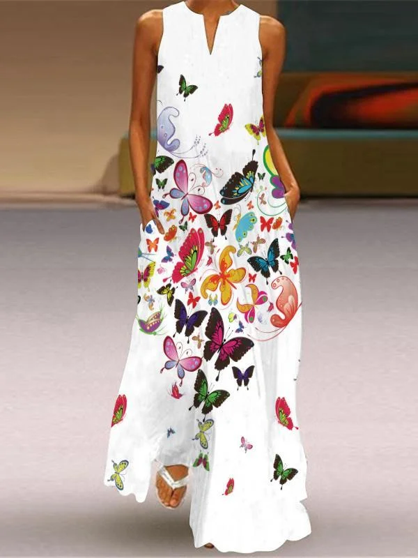 Women's Sleeveless V-neck Floral Printed Maxi Dress