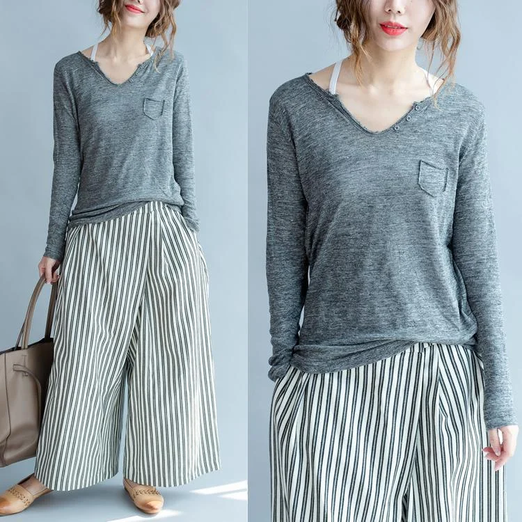 Gray knitted linen shirt v neck chunky womens tops