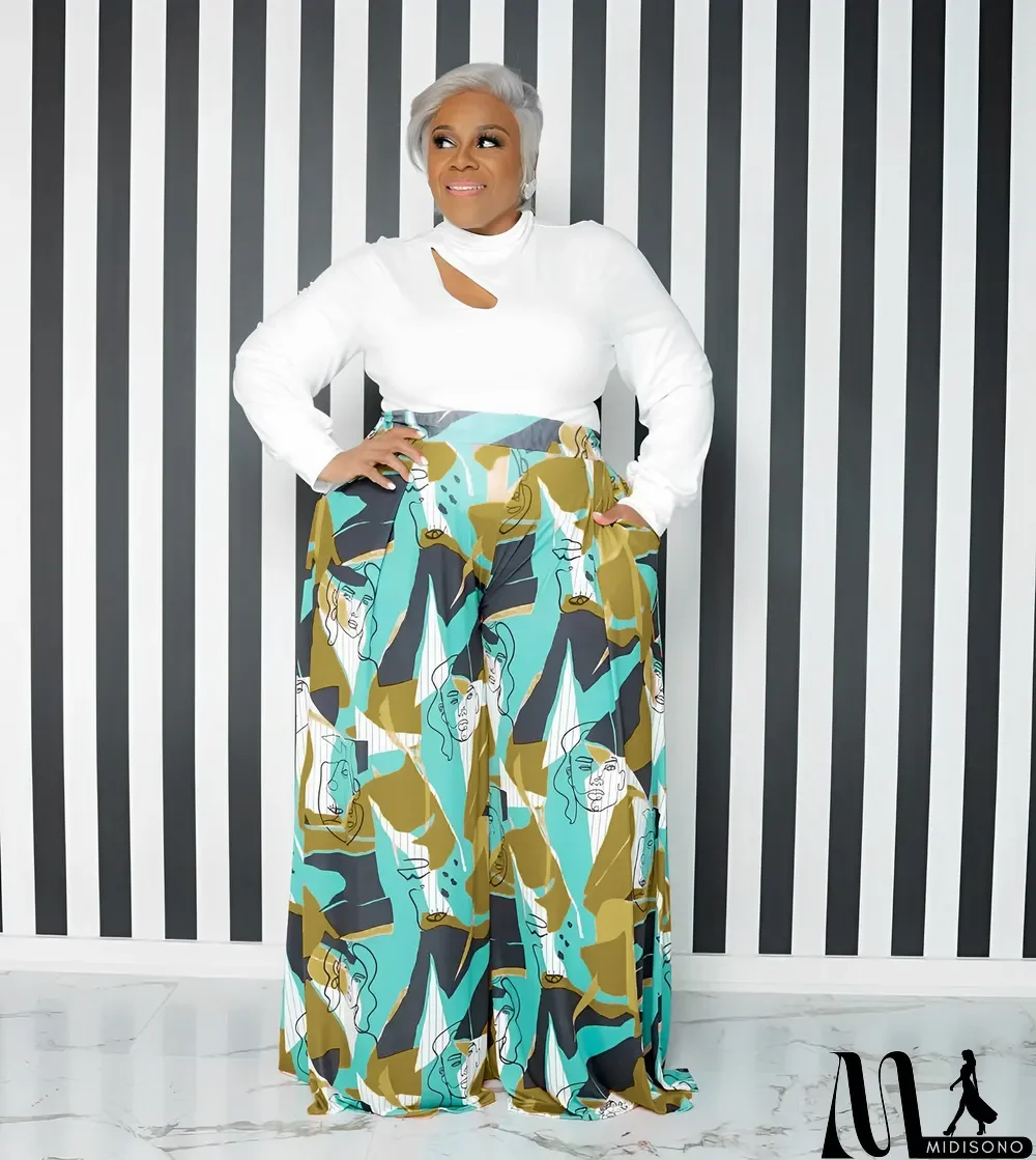 MidiSono - Casual Women'S Cutout Long Sleeve Top Pocket Print Wide Leg Pants Plus Size Fashion Casual Two Piece Pants Set