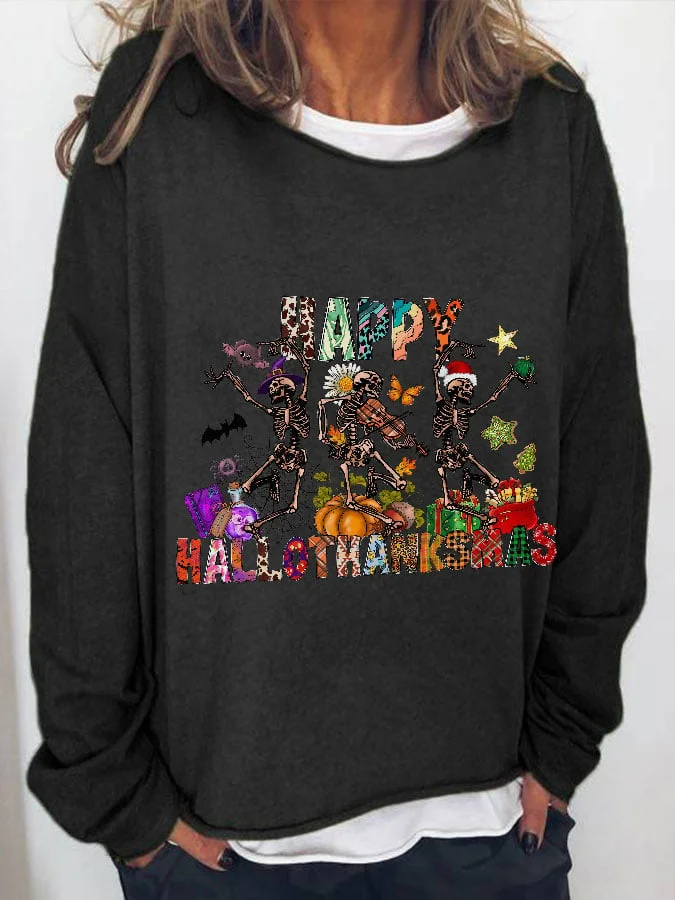 Women Happy Hallothanksmas Casual Printed Long Sleeve Loose Sweatshirt