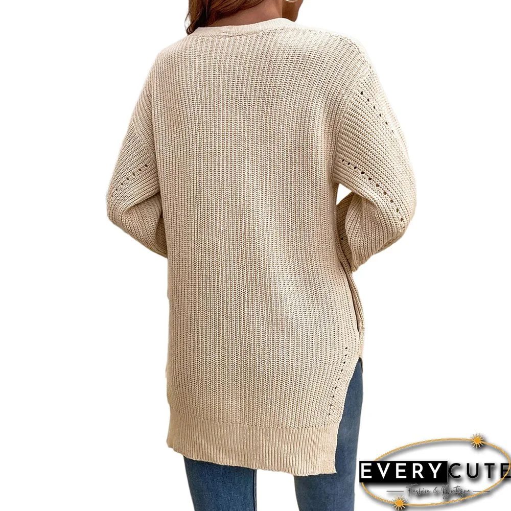 Khaki Hollow-out Button Split Cardigan