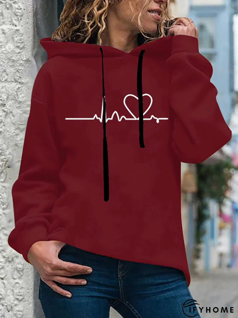 Casual Heart Beat Printed Long Sleeves Hooded Loosen Sweatshirt | IFYHOME