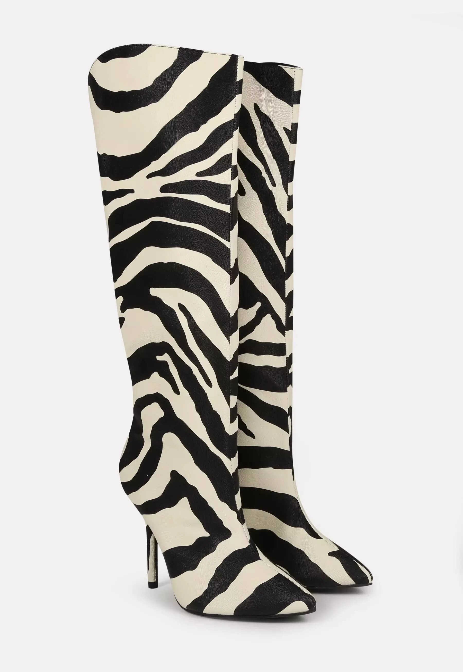 VCSHOES Zebra Pattern Knee High Boots Pointy Toe Stiletto Heel Runway Thin High Heel Party Show Boots 35-44