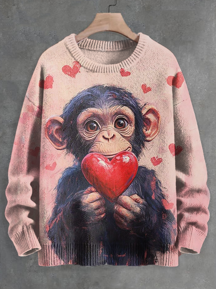 Women's Monkey And Love Heart Valentine's Day Print Knit Sweatshirt