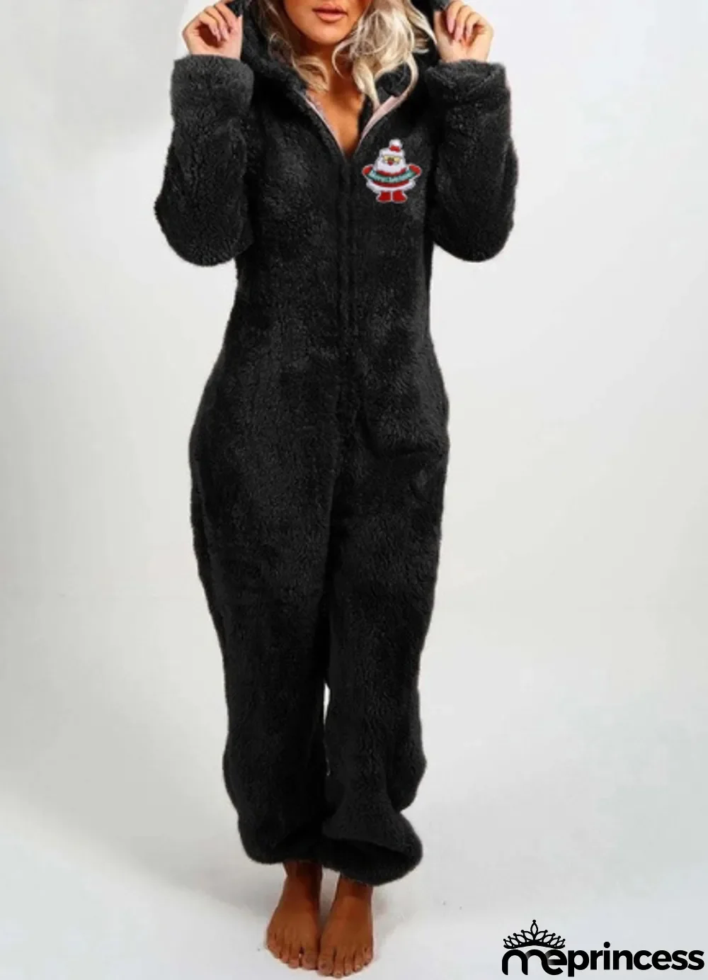 Winter Casual Black Fleece Hood With Zipper Jumpsuit