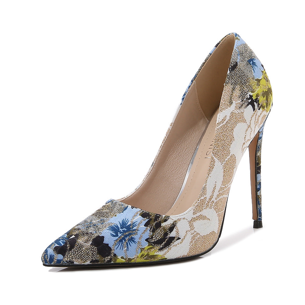 Women's vintage flower print stiletto pumps pointed toe stiletto heels