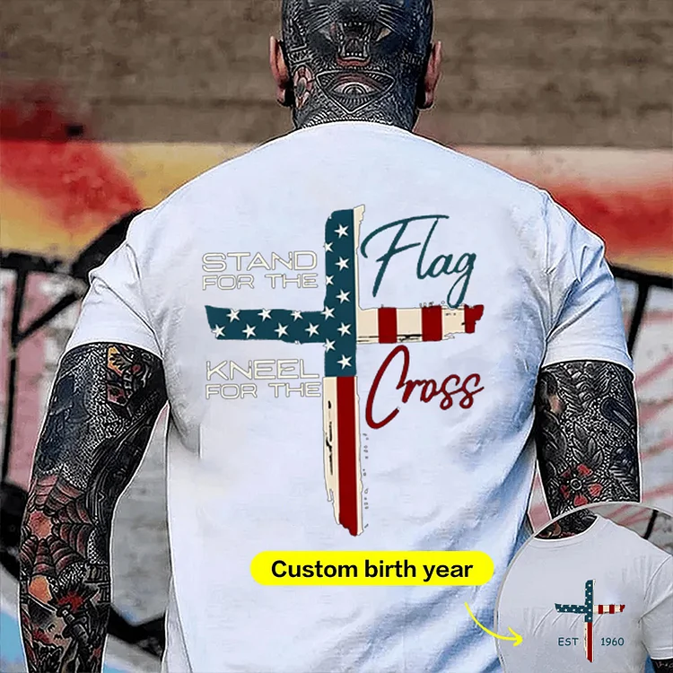 Patriotic Christian Faith T-Shirt &ndash; Stand for Flag Kneel for Cross Religious Crewneck/Hoodie American Pride Cross Design Tee