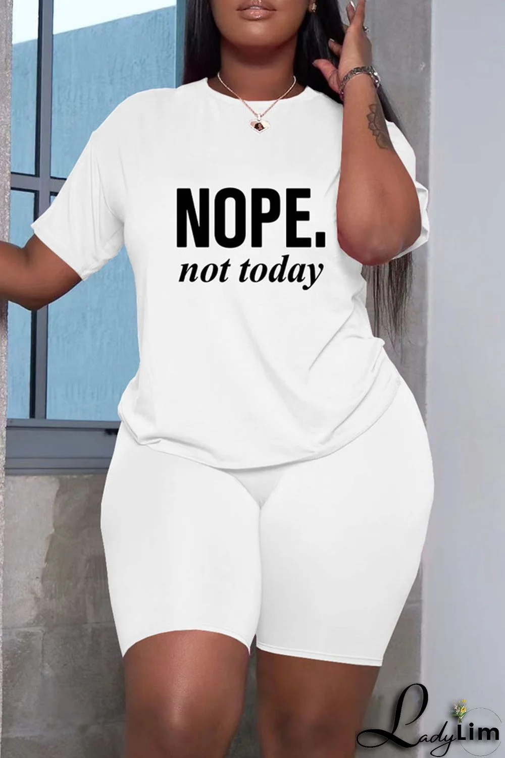 Grey Fashion Casual Letter Print Basic O Neck Short Sleeve Two Pieces