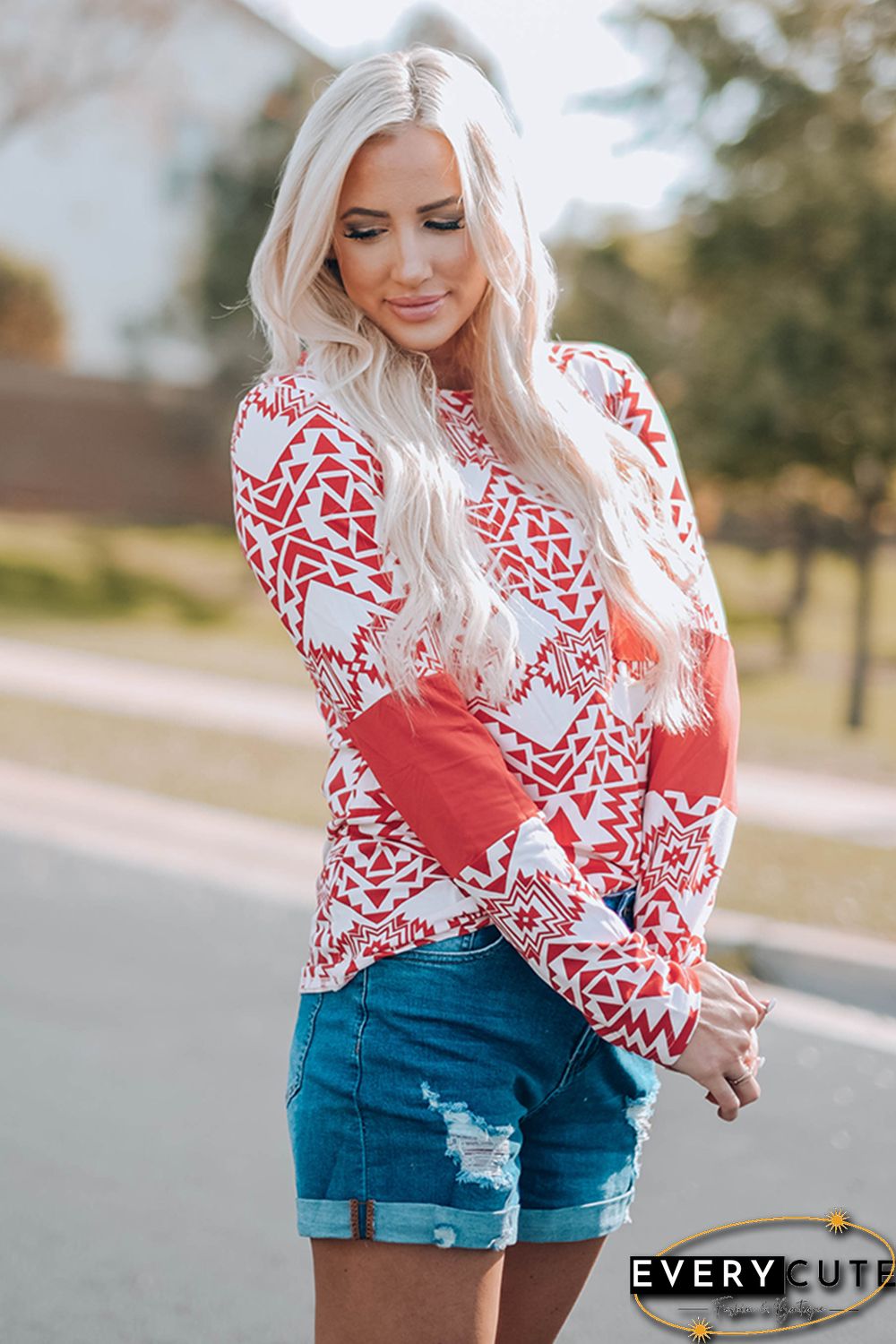 Red Aztec Print Splicing Pocket Long Sleeve Top