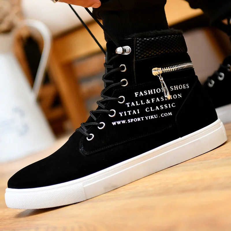 Teezonebest shoes for mens dress winter High Top Men Shoes Leather Men warm fur Sneakers outdoor Fashion Lace-up Ankle Boots Comfortable Mens tennis cotton Shoes
