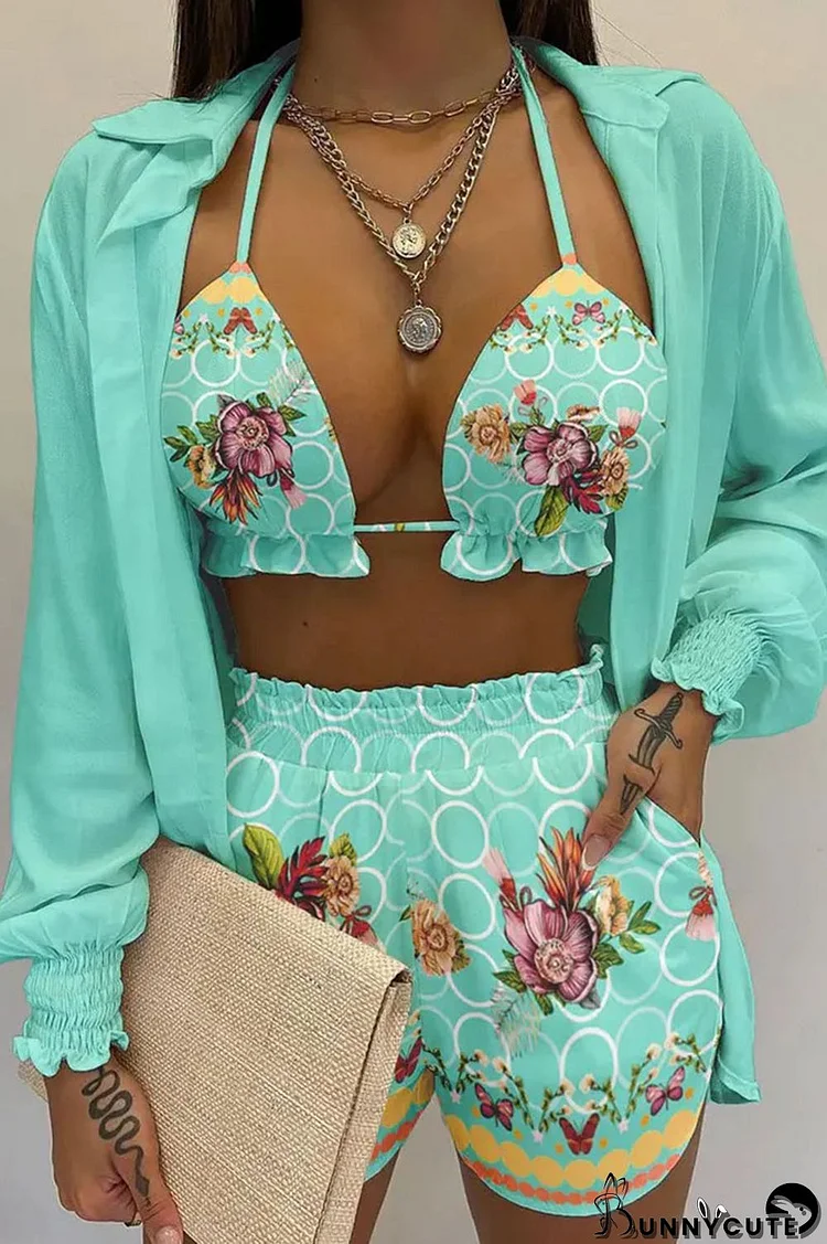 Light Blue Sexy Print Patchwork Turndown Collar Long Sleeve Three Pieces