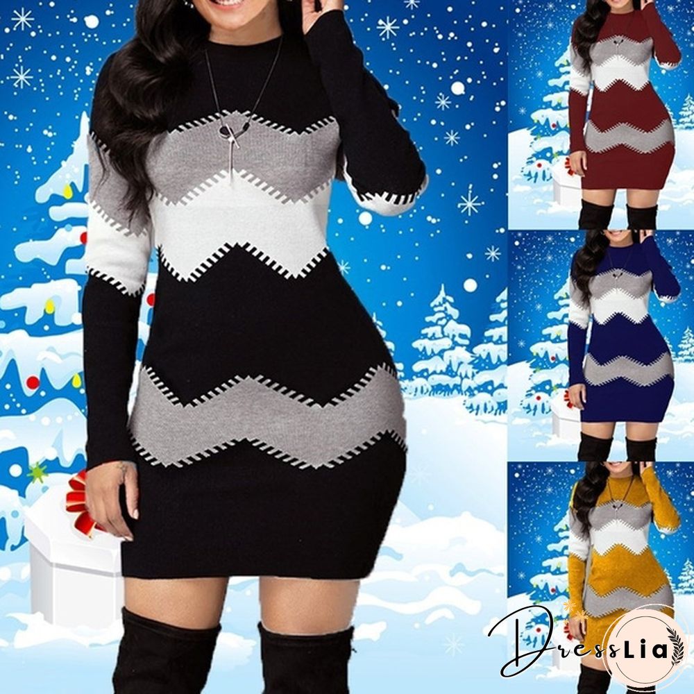 Fashion Women Ladies Long Sleeve Sweater Dress 4 Colors Color Block Long-Sleeved Sweater Bag Hip Skirt Xs-5Xl