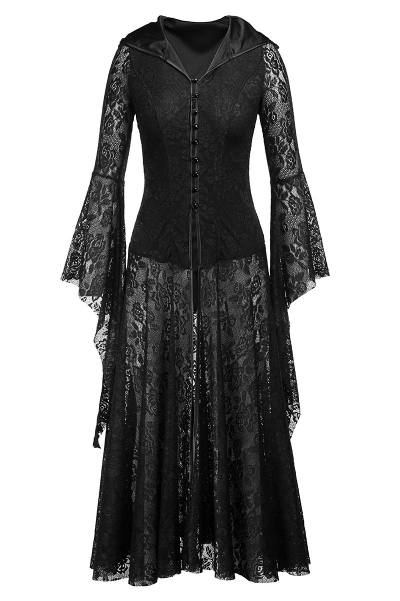 Medieval Black Gothic Retro Lace Solid Midi Dress