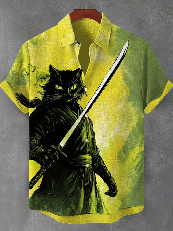 Men's Handsome Black Cat Samurai Holding A Sword Print Short Sleeve Shirt