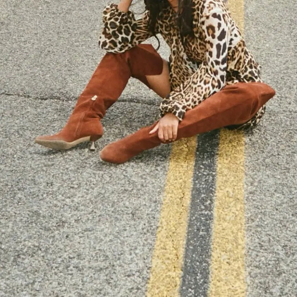 YDN Vegan Suede Kitten Heel Thigh High Slouch Boots in Brown