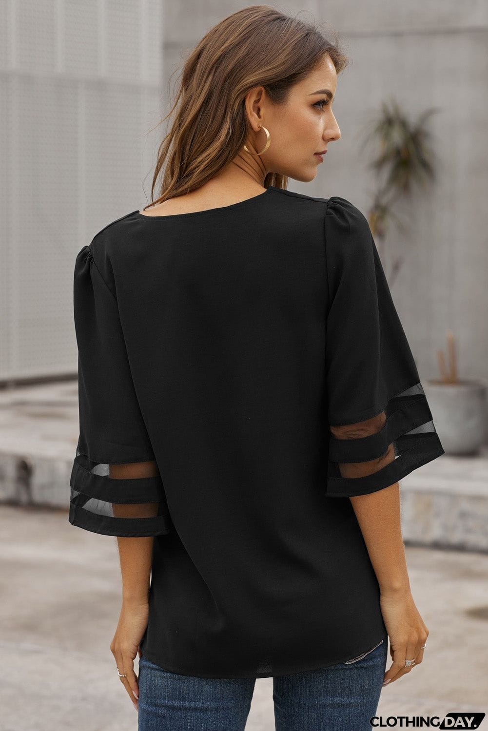 Black Flare Sleeve V Neck Loose Women's Chiffon Blouse