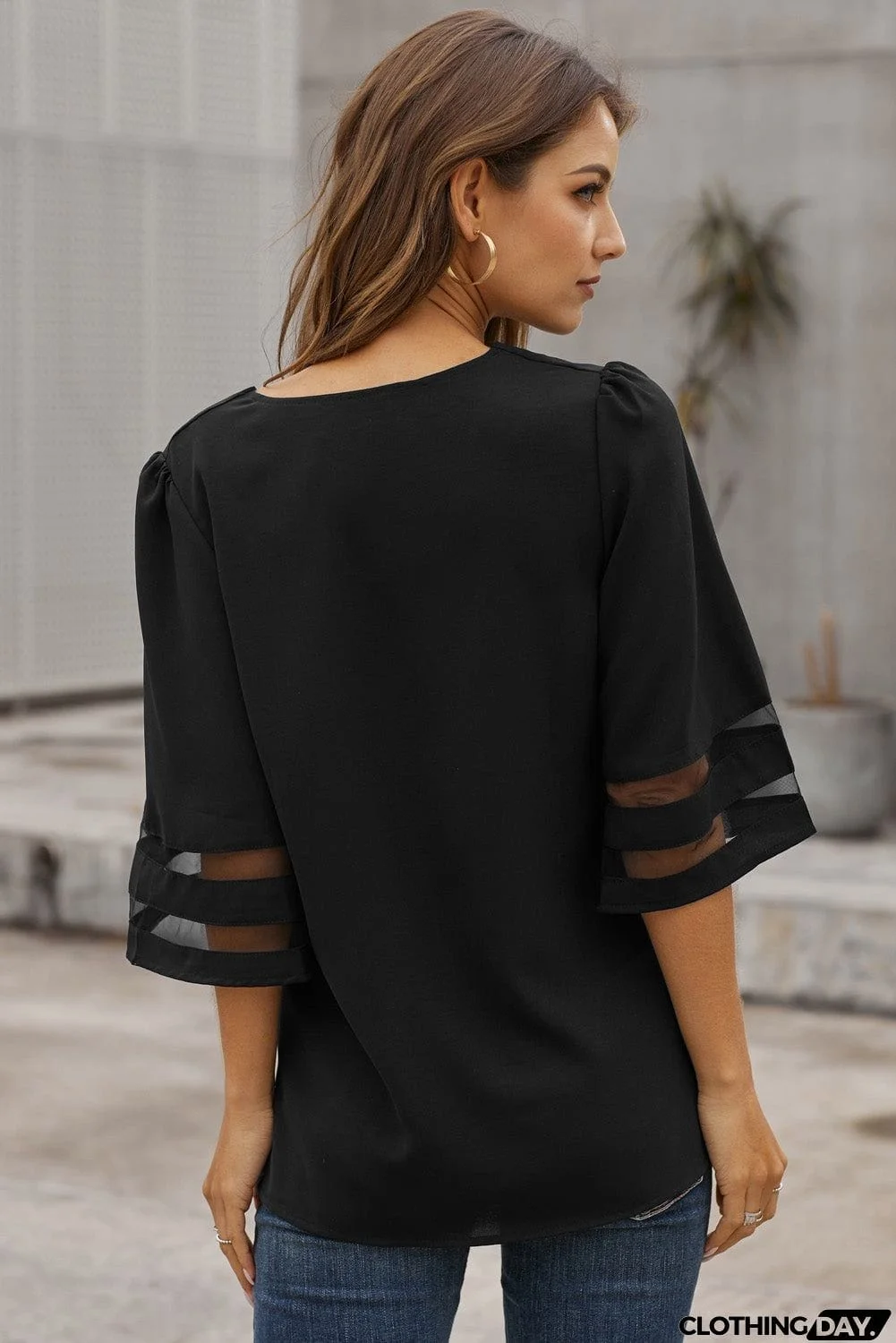 Black Flare Sleeve V Neck Loose Women's Chiffon Blouse