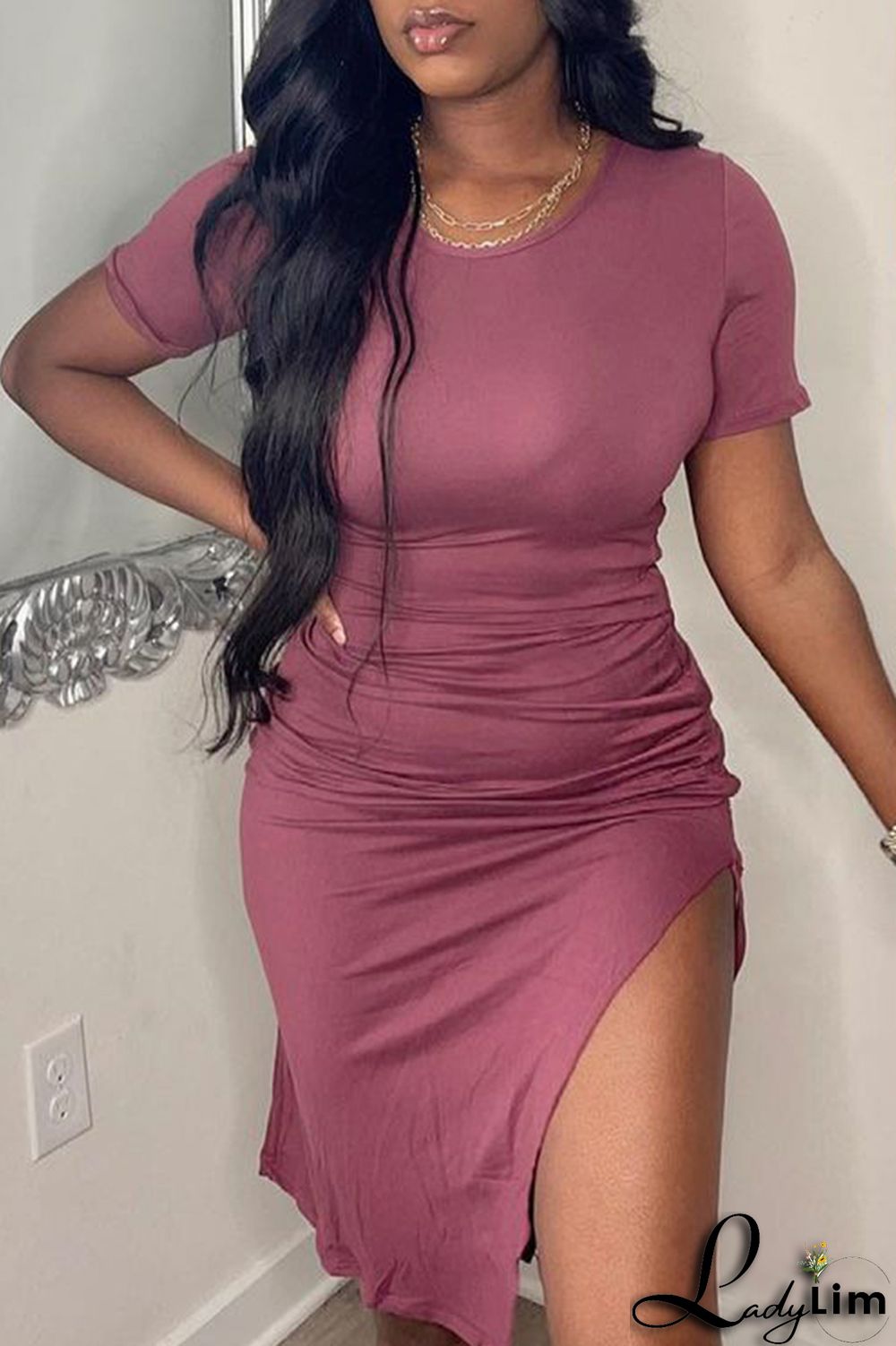 Fuchsia Fashion Casual Solid Draw String Frenulum Slit O Neck Short Sleeve Dress
