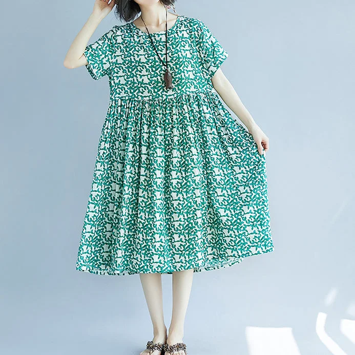 fashion green Midi chiffon dresses trendy plus size holiday dresses Fine short sleeve floral o neck dresses