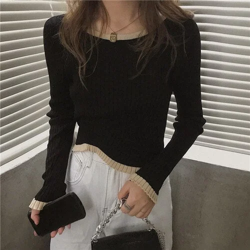 Sweater Pullovers Womens Autumn Simple Knitwear Slim O-neck Long Sleeve Trendy Patchwork All-match Leisure Female Tops Clothes