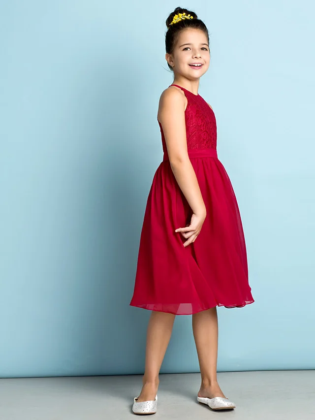 Daisda A-Line Jewel Neck Knee Length  Flower Girl Dress With Lace 