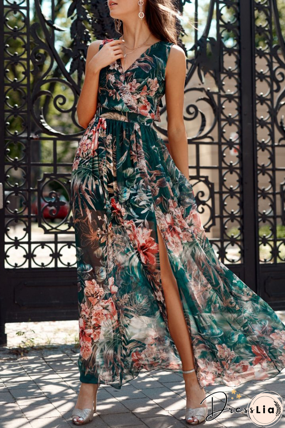 Fashion Print Slit V Neck Mesh Dress Dresses