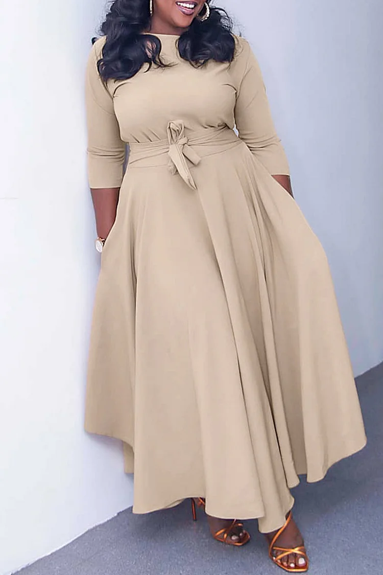 Plus Size Cyan Casual Round Neck With Pocket Wrap Maxi Dress