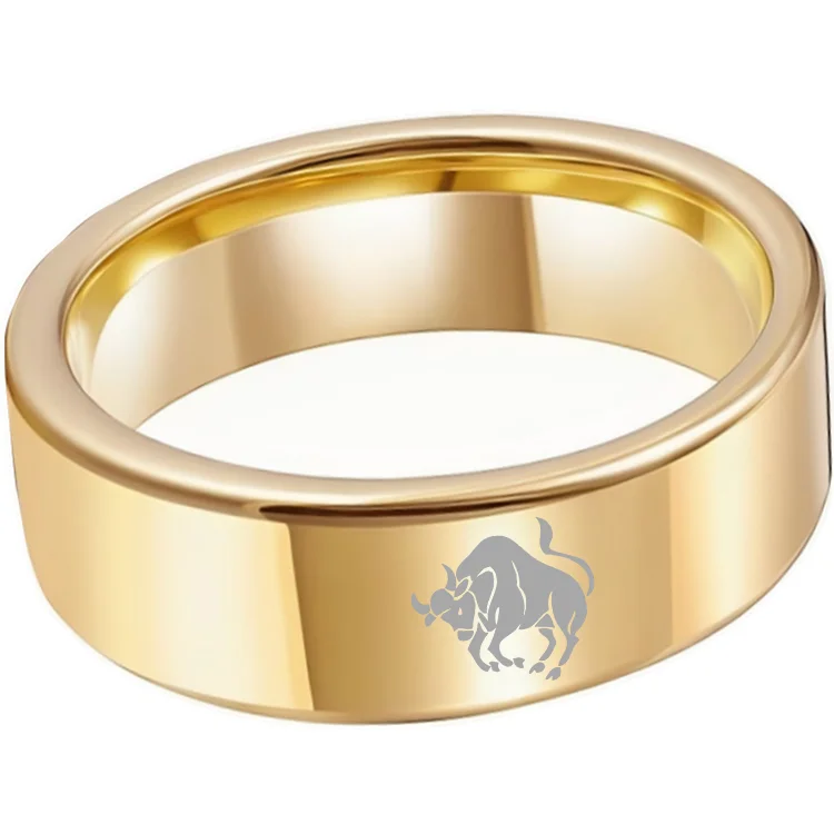 Taurus Tungsten Carbide Rings Gold Flat Wedding Bands Comfort Fit Mens and Womens 4MM 6MM 8MM