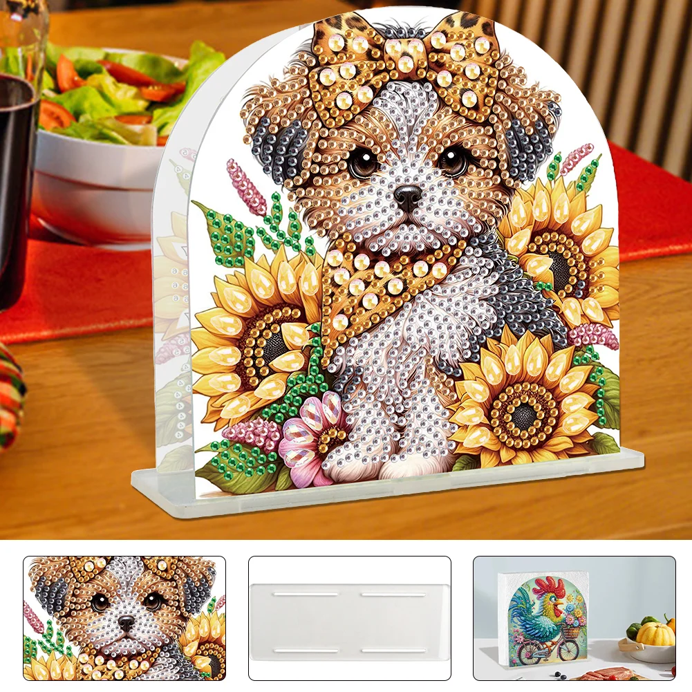 DIY Sunflower Puppy Acrylic Napkin Holder Diamond Painting Kit for Home Table Decor