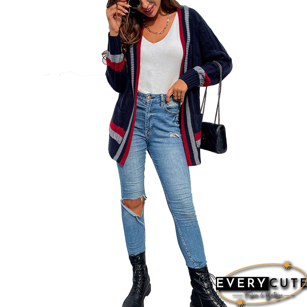 Navy Blue Striped Print Open Front Pocket Cardigan