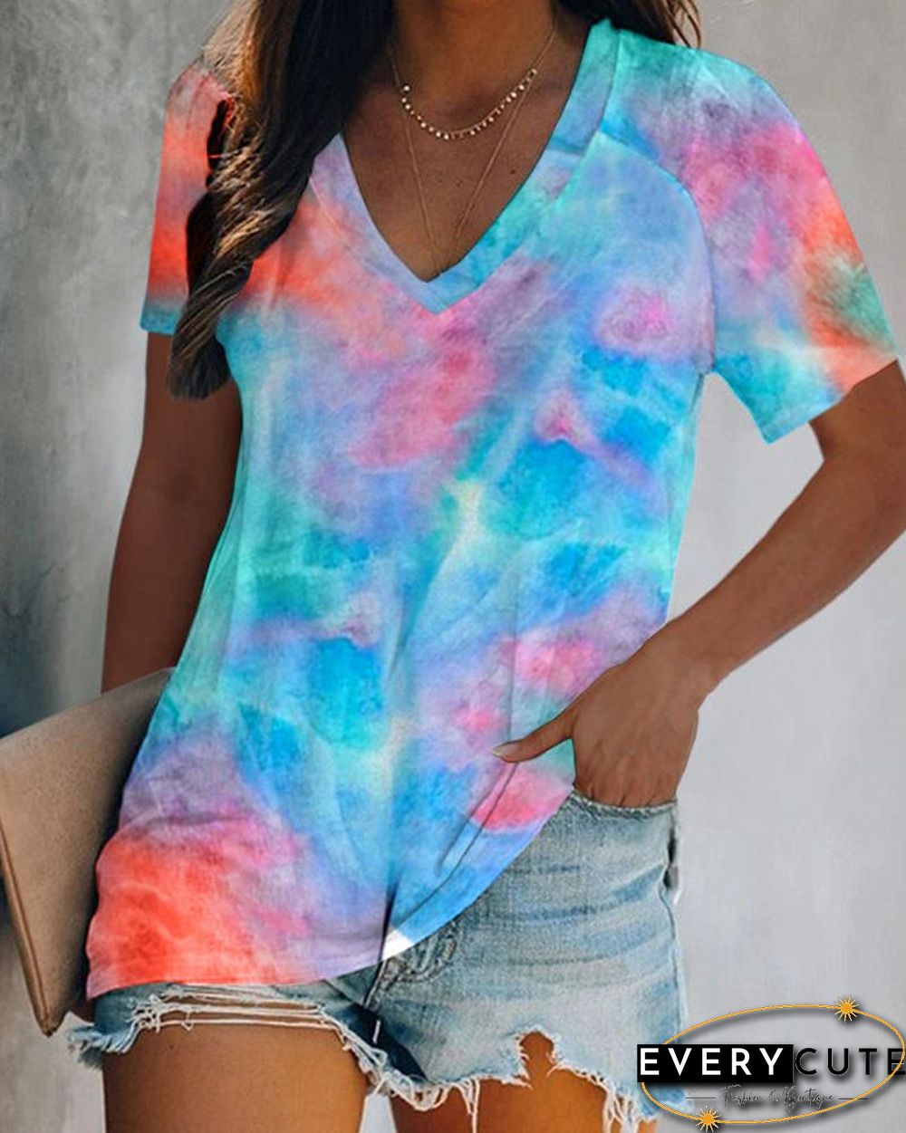 Tie Dye Print V-Neck Short Sleeve T-shirt
