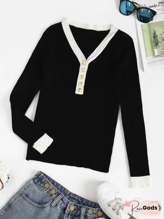 Ribbed Button Placket Bicolor Sweater for Women